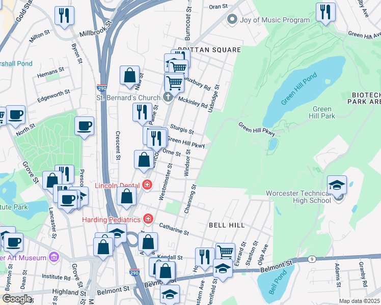 map of restaurants, bars, coffee shops, grocery stores, and more near 98 Green Hill Parkway in Worcester