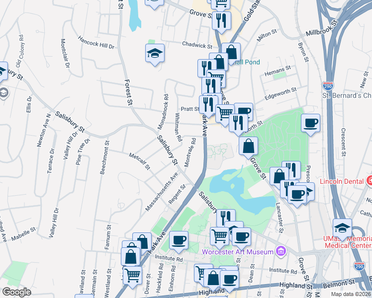 map of restaurants, bars, coffee shops, grocery stores, and more near 13A Montvale Road in Worcester