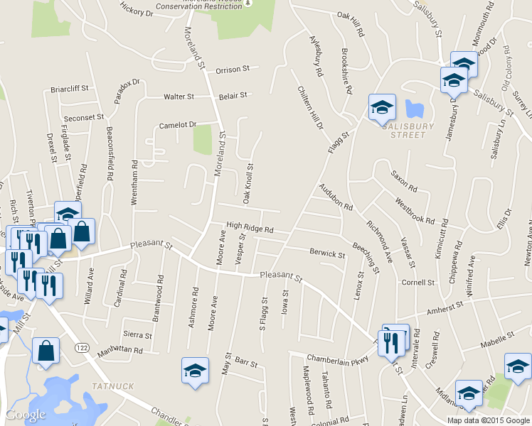 map of restaurants, bars, coffee shops, grocery stores, and more near 2 Oak Knoll Street in Worcester