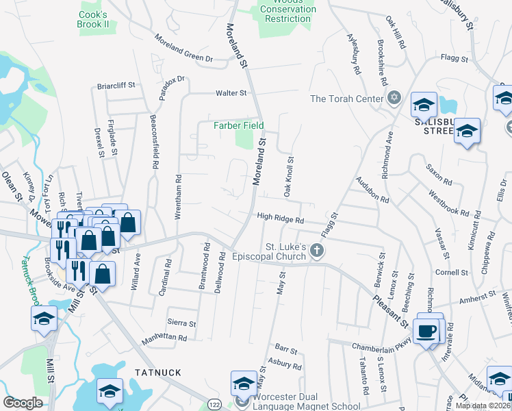 map of restaurants, bars, coffee shops, grocery stores, and more near 39 Moreland Street in Worcester
