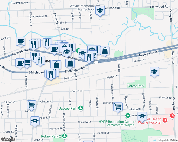 map of restaurants, bars, coffee shops, grocery stores, and more near 34549 Norris Street in Wayne