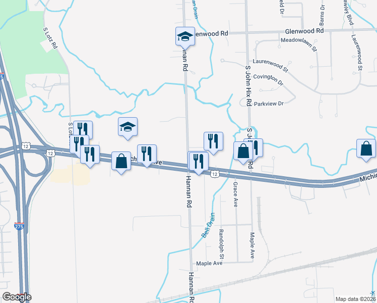 map of restaurants, bars, coffee shops, grocery stores, and more near 3557 Hannan Road in Wayne