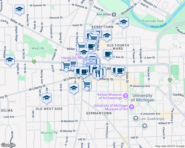 map of restaurants, bars, coffee shops, grocery stores, and more near 217 East Washington Street in Ann Arbor