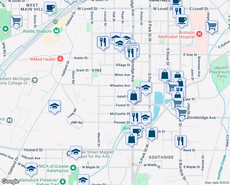 map of restaurants, bars, coffee shops, grocery stores, and more near 617 Wheaton Avenue in Kalamazoo