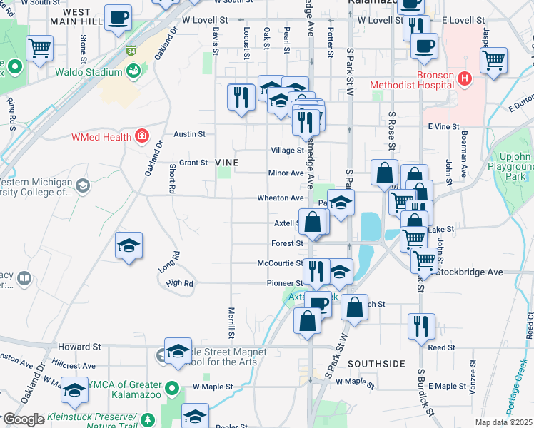 map of restaurants, bars, coffee shops, grocery stores, and more near 617 Wheaton Avenue in Kalamazoo