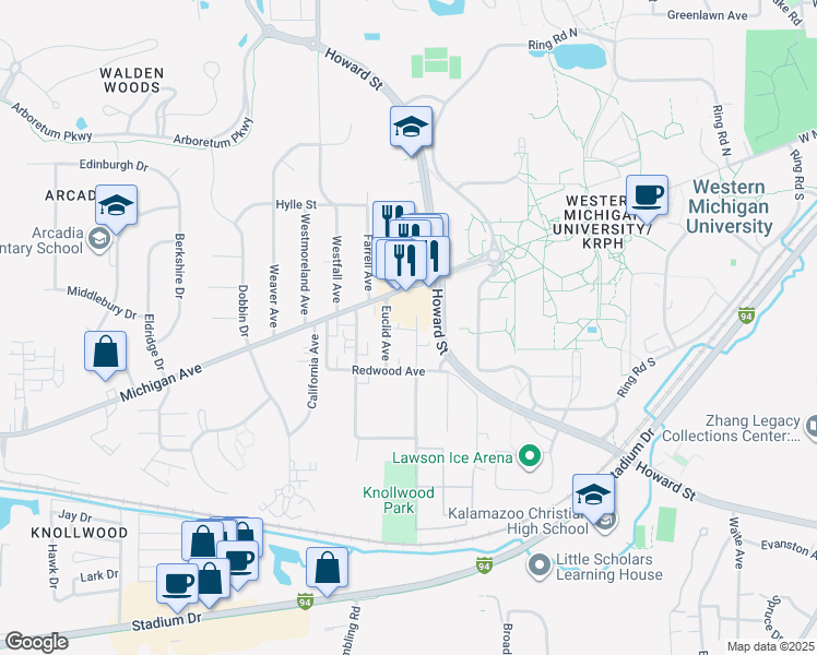map of restaurants, bars, coffee shops, grocery stores, and more near 1120 Lafayette Avenue in Kalamazoo
