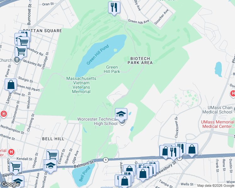 map of restaurants, bars, coffee shops, grocery stores, and more near 50 Officer Manny Familia Way in Worcester