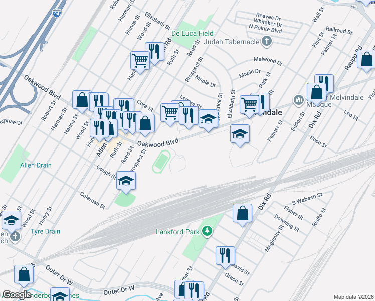 map of restaurants, bars, coffee shops, grocery stores, and more near 3395 Oakwood in Melvindale