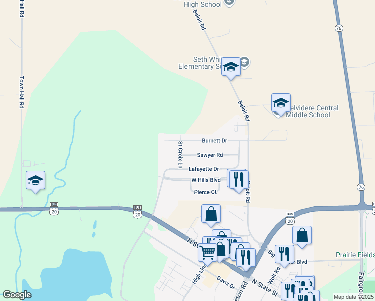 map of restaurants, bars, coffee shops, grocery stores, and more near 2019 Burnett Drive in Belvidere