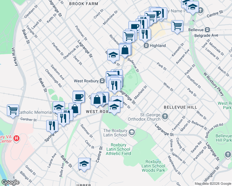 map of restaurants, bars, coffee shops, grocery stores, and more near 2052 Centre Street in Boston