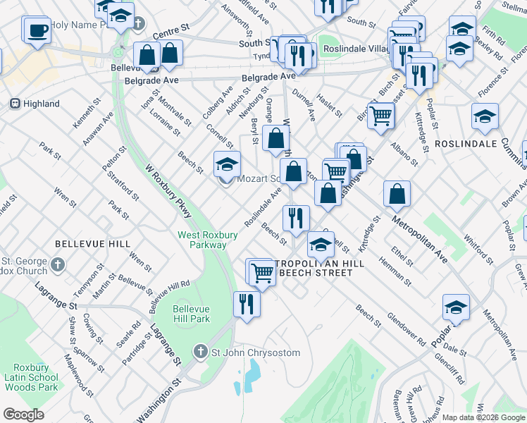 map of restaurants, bars, coffee shops, grocery stores, and more near 242 Roslindale Avenue in Boston