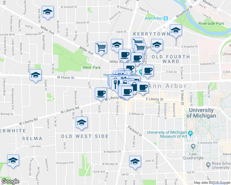 map of restaurants, bars, coffee shops, grocery stores, and more near 210 South Ashley Street in Ann Arbor