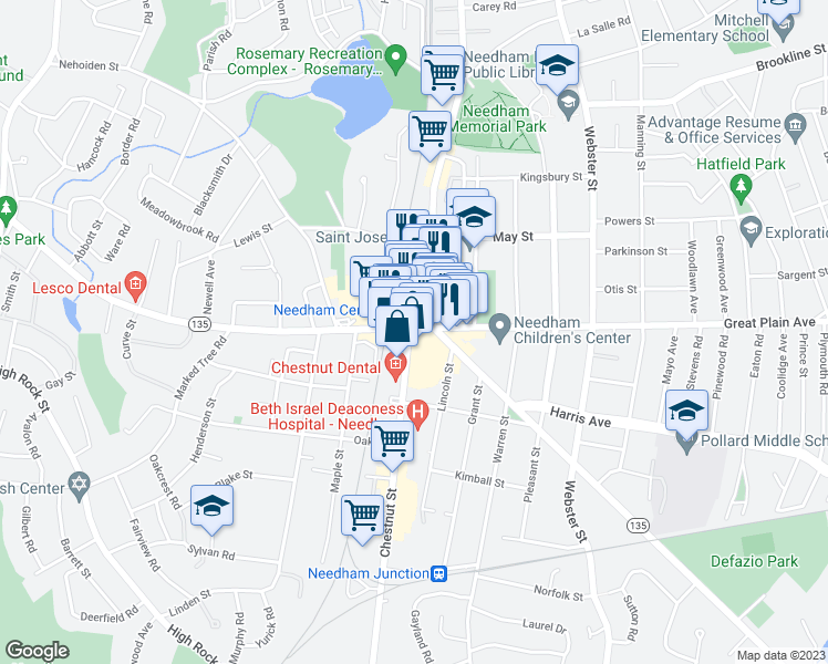 map of restaurants, bars, coffee shops, grocery stores, and more near 4 Chestnut Street in Needham