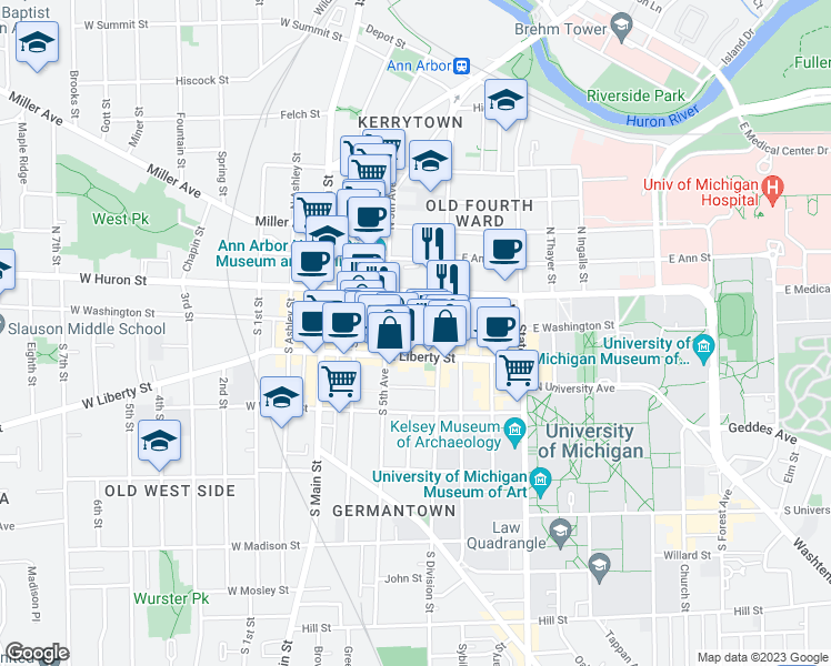 map of restaurants, bars, coffee shops, grocery stores, and more near 322 East Washington Street in Ann Arbor