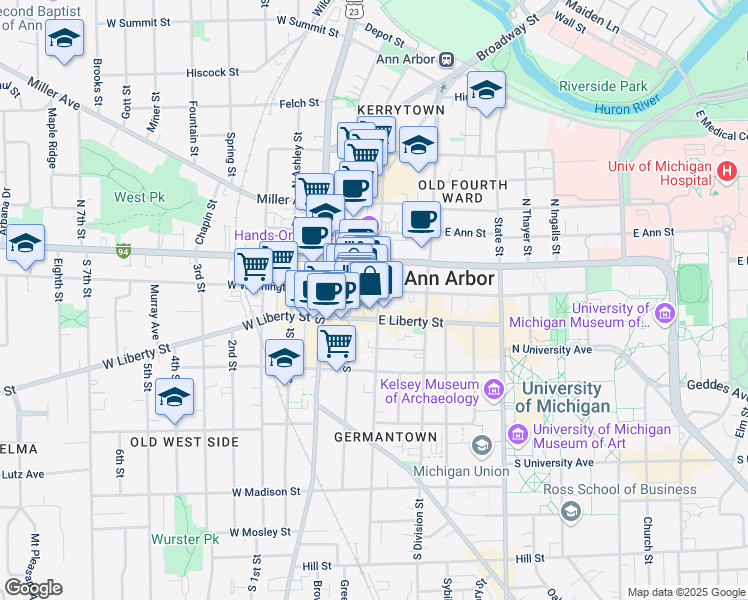 map of restaurants, bars, coffee shops, grocery stores, and more near 217 East Washington Street in Ann Arbor