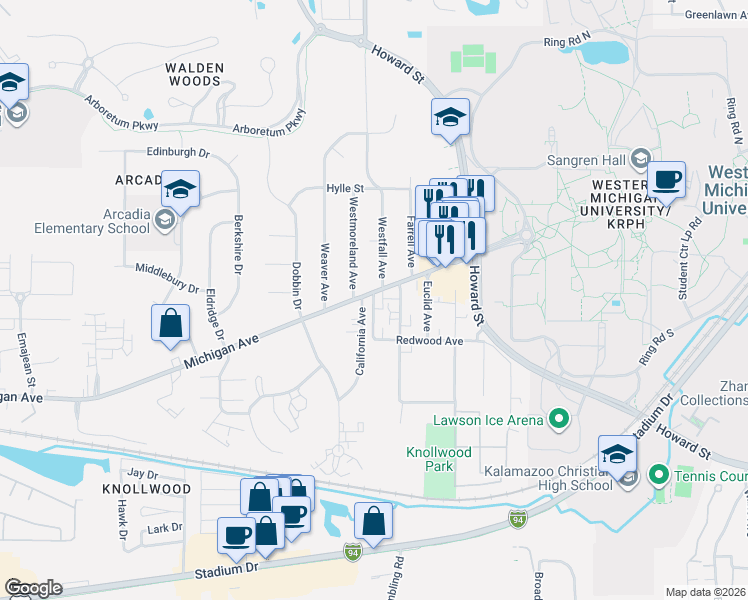 map of restaurants, bars, coffee shops, grocery stores, and more near 3012 Michigan Avenue in Kalamazoo