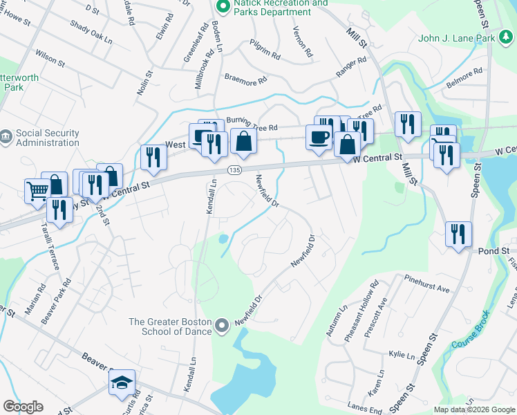map of restaurants, bars, coffee shops, grocery stores, and more near 4 Village Way in Natick