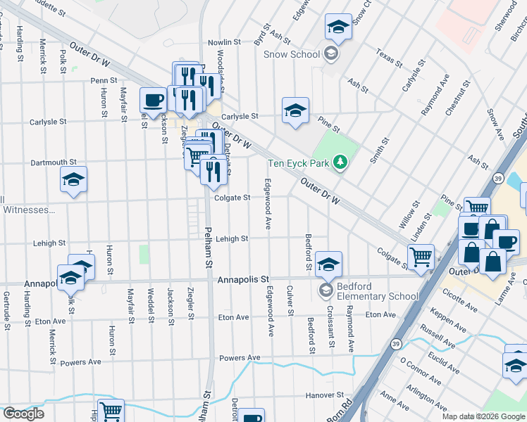 map of restaurants, bars, coffee shops, grocery stores, and more near 4123 Edgewood Street in Dearborn Heights