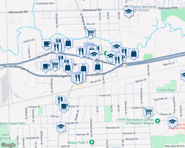 map of restaurants, bars, coffee shops, grocery stores, and more near 34841 Veterans Plaza in Wayne