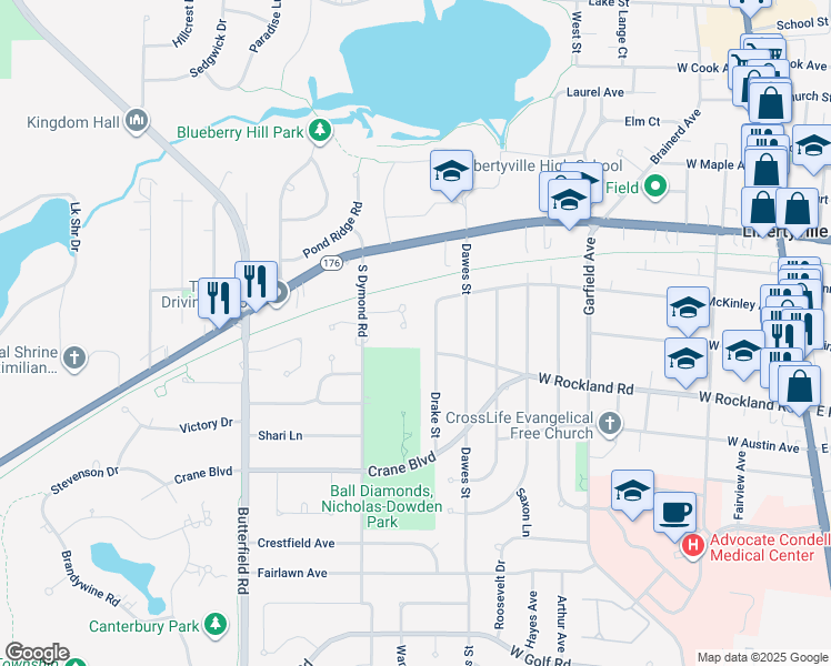 map of restaurants, bars, coffee shops, grocery stores, and more near 910 Burridge Court in Libertyville