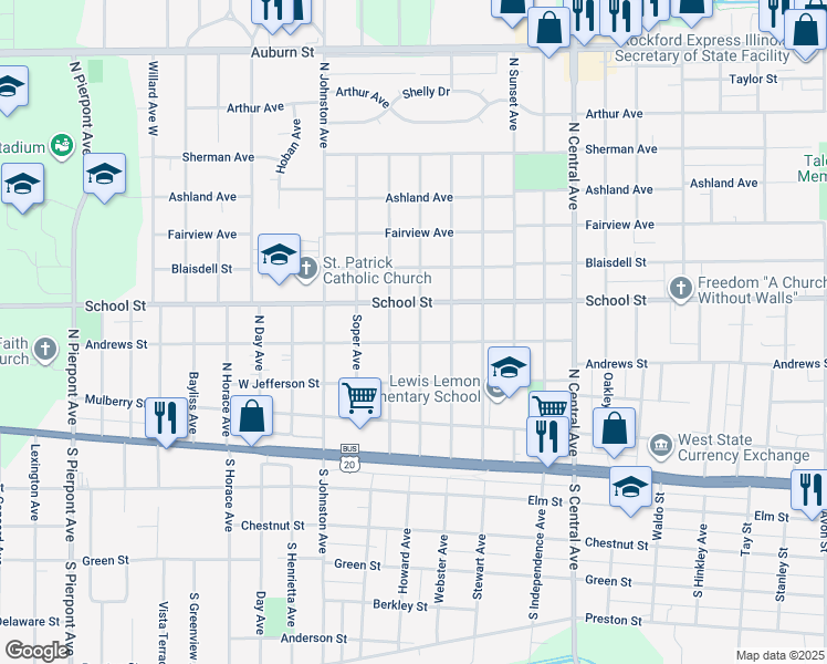 map of restaurants, bars, coffee shops, grocery stores, and more near 408 Miriam Avenue in Rockford