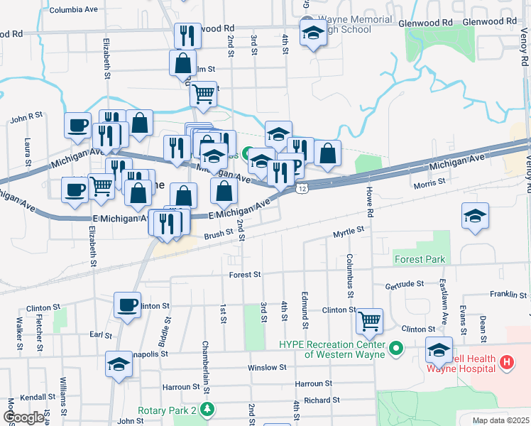 map of restaurants, bars, coffee shops, grocery stores, and more near 34549 Norris Street in Wayne