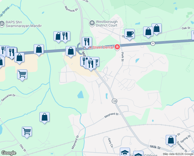 map of restaurants, bars, coffee shops, grocery stores, and more near 151 Milk Street in Westborough
