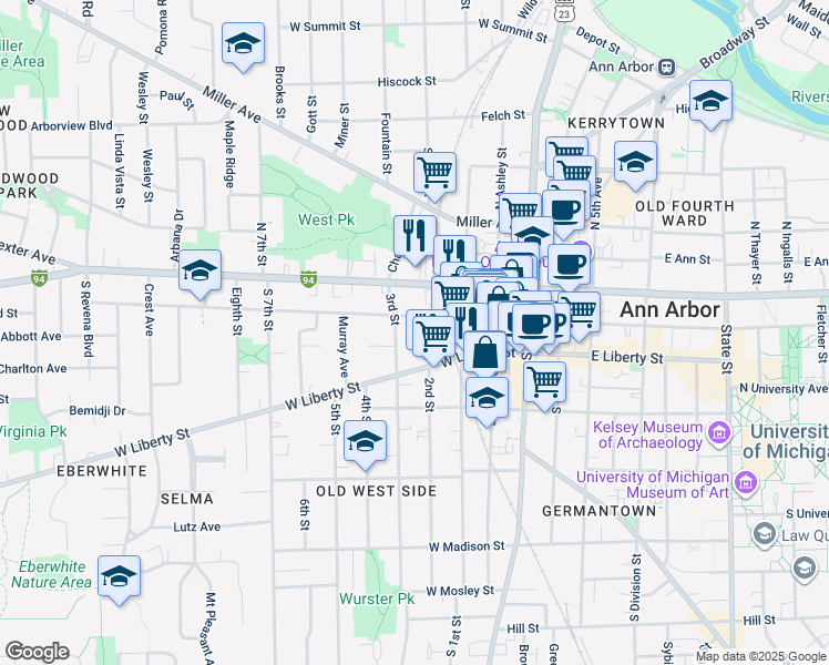 map of restaurants, bars, coffee shops, grocery stores, and more near 400 West Washington Street in Ann Arbor