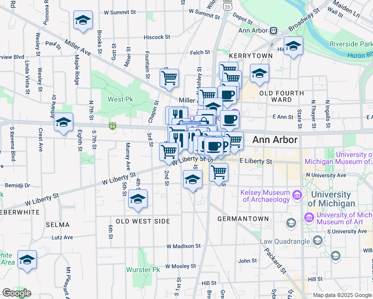 map of restaurants, bars, coffee shops, grocery stores, and more near 201 South 1st Street in Ann Arbor