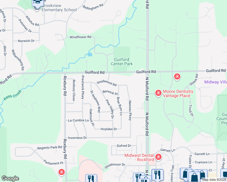 map of restaurants, bars, coffee shops, grocery stores, and more near 5747 Knollwood Road in Rockford