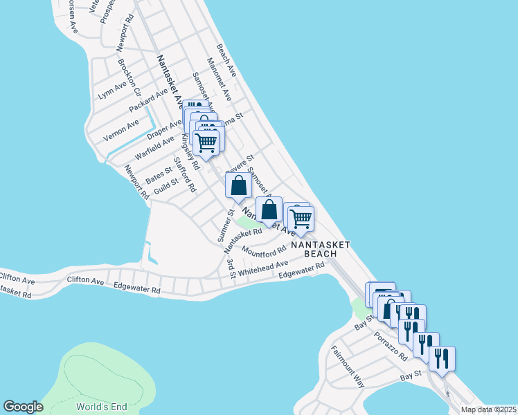 map of restaurants, bars, coffee shops, grocery stores, and more near 5a Massasoit Avenue in Hull
