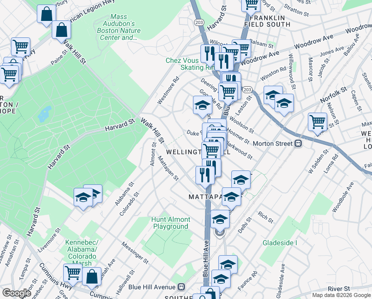 map of restaurants, bars, coffee shops, grocery stores, and more near 57 Hazleton Street in Boston