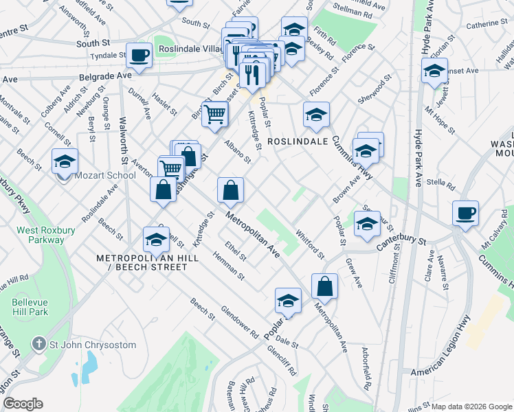 map of restaurants, bars, coffee shops, grocery stores, and more near 38 Whitford Street in Boston