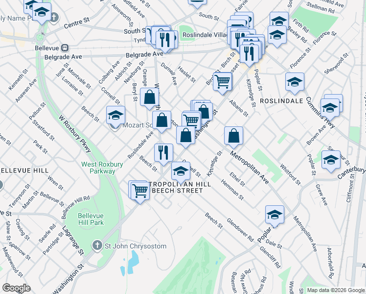 map of restaurants, bars, coffee shops, grocery stores, and more near 4430 Washington Street in Boston