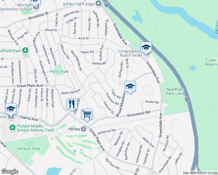 map of restaurants, bars, coffee shops, grocery stores, and more near 87 Thornton Road in Needham