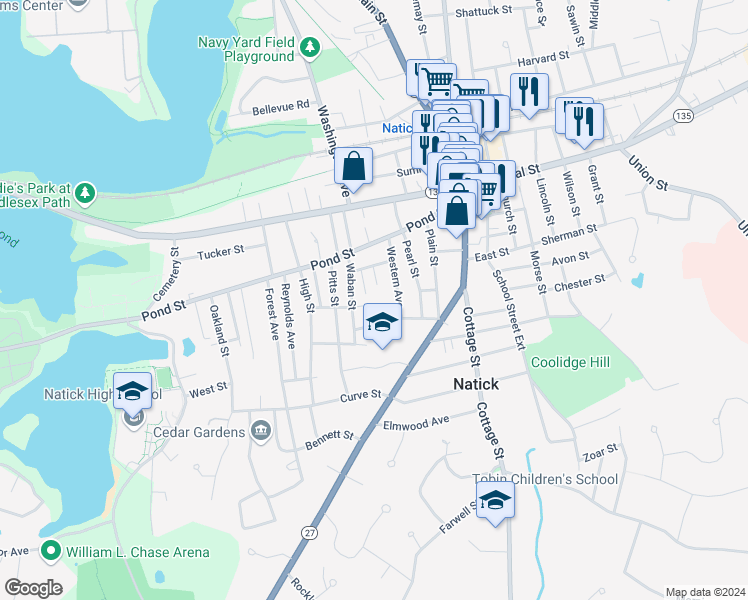 map of restaurants, bars, coffee shops, grocery stores, and more near 15 Western Avenue in Natick