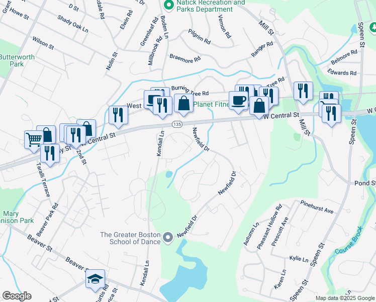 map of restaurants, bars, coffee shops, grocery stores, and more near 2 Village Way in Natick