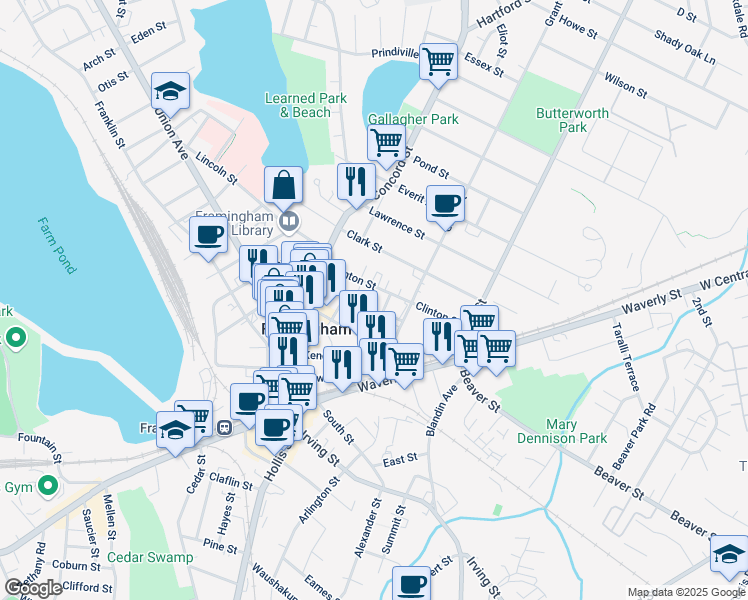 map of restaurants, bars, coffee shops, grocery stores, and more near 47 Clinton Street in Framingham
