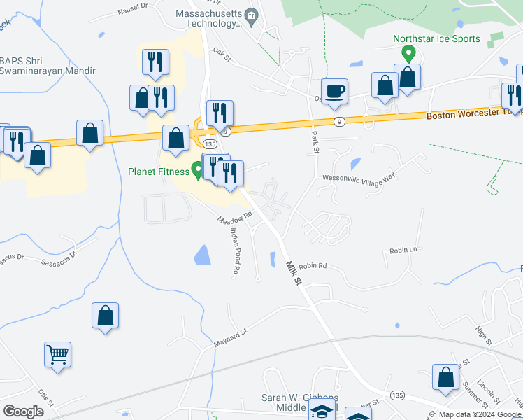 map of restaurants, bars, coffee shops, grocery stores, and more near 151 Milk Street in Westborough