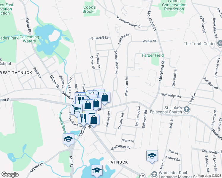 map of restaurants, bars, coffee shops, grocery stores, and more near 31 Beaconsfield Road in Worcester