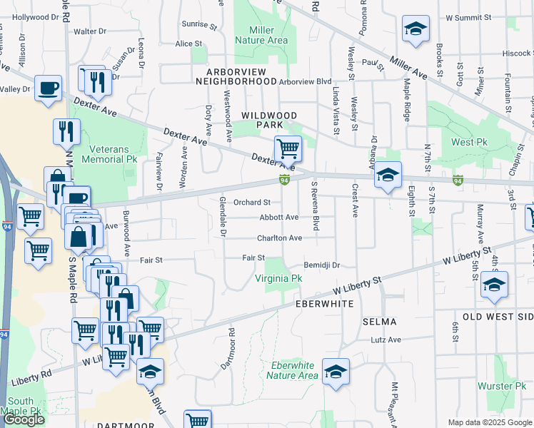 map of restaurants, bars, coffee shops, grocery stores, and more near 1719 Orchard Street in Ann Arbor