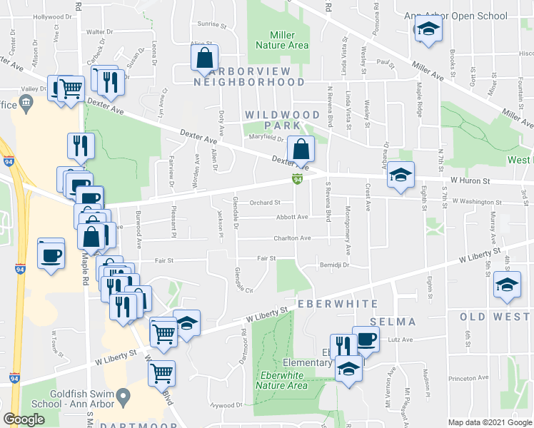 map of restaurants, bars, coffee shops, grocery stores, and more near 1719 Orchard Street in Ann Arbor