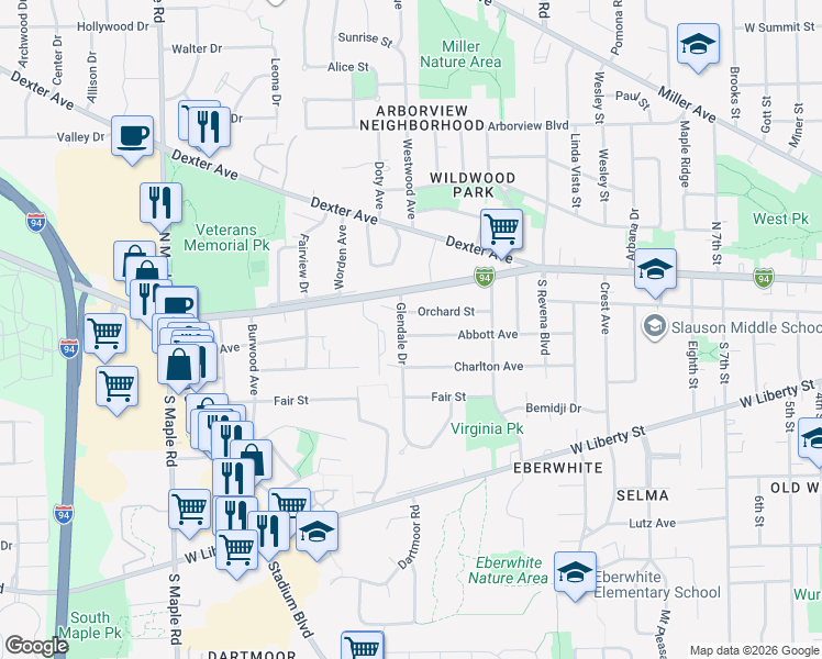 map of restaurants, bars, coffee shops, grocery stores, and more near 1811 Orchard Street in Ann Arbor