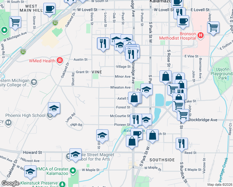 map of restaurants, bars, coffee shops, grocery stores, and more near 617 Wheaton Avenue in Kalamazoo