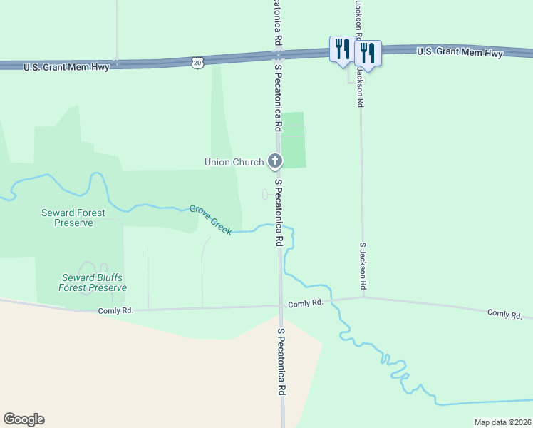 map of restaurants, bars, coffee shops, grocery stores, and more near 16508 Grove Creek Circle in Pecatonica