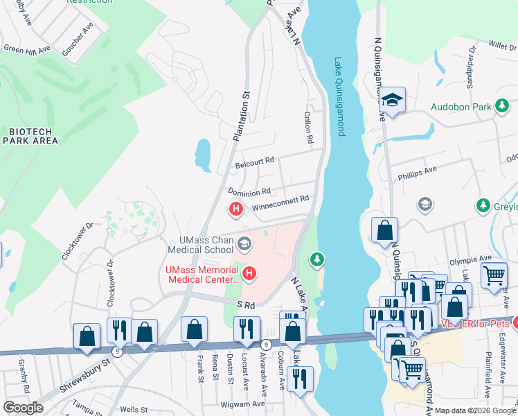 map of restaurants, bars, coffee shops, grocery stores, and more near 7 Winneconnett Road in Worcester