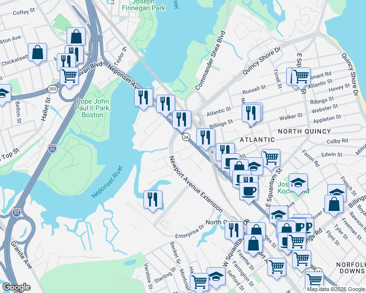 map of restaurants, bars, coffee shops, grocery stores, and more near 111 Hancock Street in Quincy