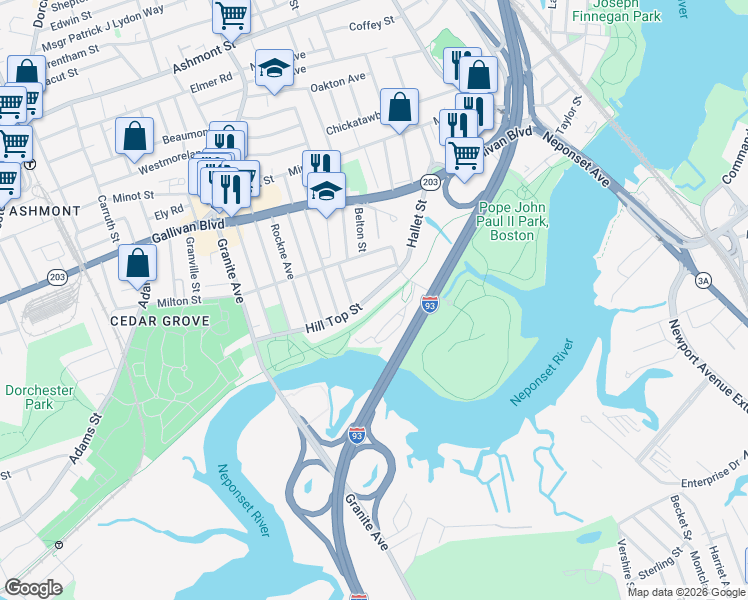 map of restaurants, bars, coffee shops, grocery stores, and more near 21 Hill Top Street in Boston