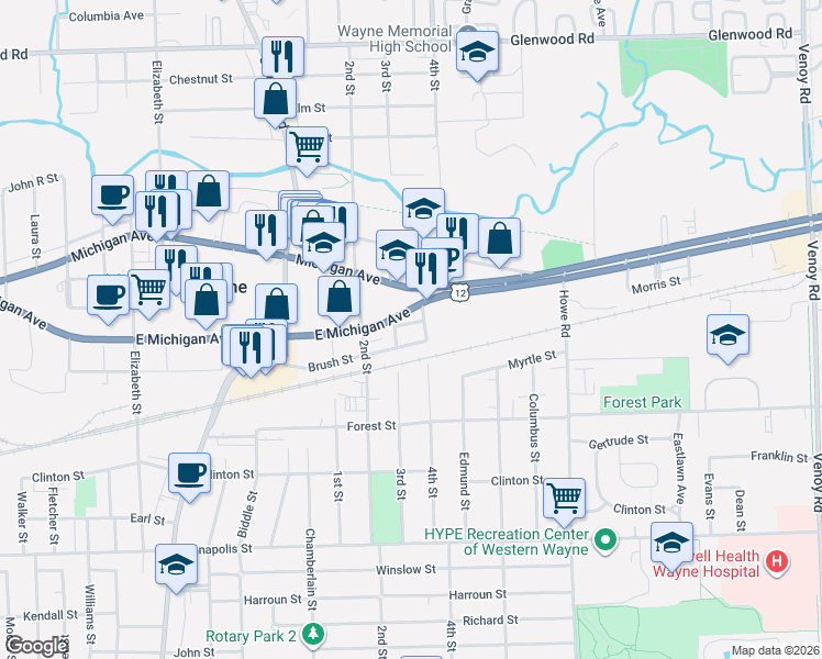 map of restaurants, bars, coffee shops, grocery stores, and more near 34549 Norris Street in Wayne