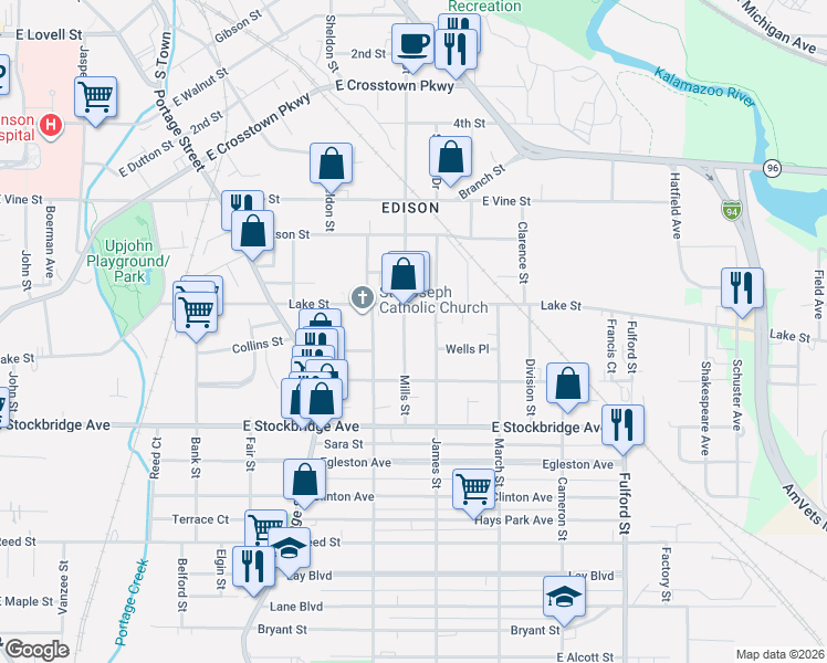 map of restaurants, bars, coffee shops, grocery stores, and more near 1110 Lake Street in Kalamazoo